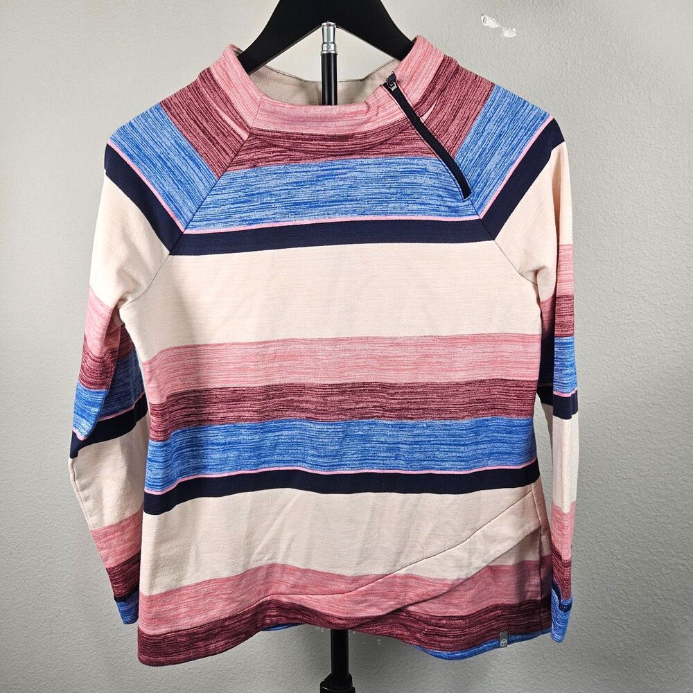 T by Talbots Petite Small Striped Mock Neck Pullover Top Pink Blue Zip Accent